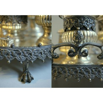 SET DA FUMO VASSOIO SERVIZIO TABACCO in METALLO ARGENTATO ORNATO CESELLATO '800