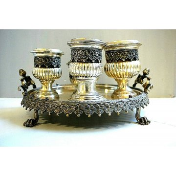 SET DA FUMO VASSOIO SERVIZIO TABACCO in METALLO ARGENTATO ORNATO CESELLATO '800