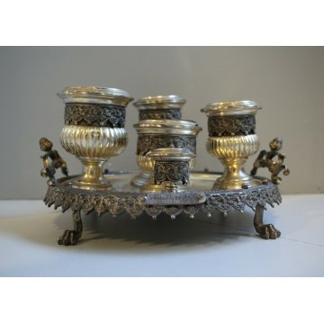 SET DA FUMO VASSOIO SERVIZIO TABACCO in METALLO ARGENTATO ORNATO CESELLATO '800