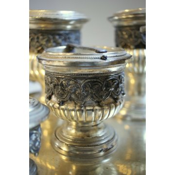 SET DA FUMO VASSOIO SERVIZIO TABACCO in METALLO ARGENTATO ORNATO CESELLATO '800
