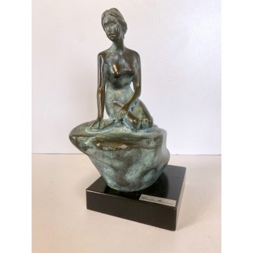 PICCOLA SCULTURA BRONZO Guido Mariani FIGURA SIRENA SCOGLIO 18,5 cm/h BASE LEGNO