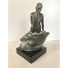 PICCOLA SCULTURA BRONZO Guido Mariani FIGURA SIRENA SCOGLIO 18,5 cm/h BASE LEGNO
