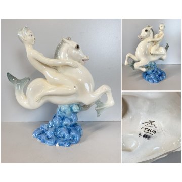 SCULTURA MAIOLICA Zaccagnini FANCIULLA CAVALLUCCIO MARINO Walt Disney   A683 '50
