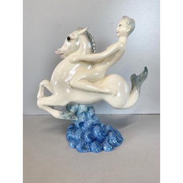 SCULTURA MAIOLICA Zaccagnini FANCIULLA CAVALLUCCIO MARINO Walt Disney   A683 '50