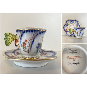 TAZZINA CAFFE PORCELLANA G. Mangani DECORO FIORI DIPINTO a MANO MANICO FARFALLA