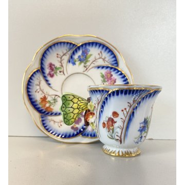 TAZZINA CAFFE PORCELLANA G. Mangani DECORO FIORI DIPINTO a MANO MANICO FARFALLA