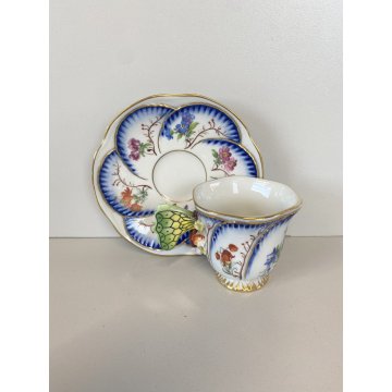 TAZZINA CAFFE PORCELLANA G. Mangani DECORO FIORI DIPINTO a MANO MANICO FARFALLA
