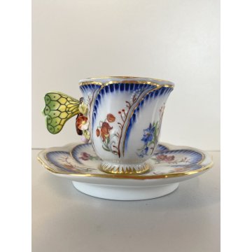 TAZZINA CAFFE PORCELLANA G. Mangani DECORO FIORI DIPINTO a MANO MANICO FARFALLA