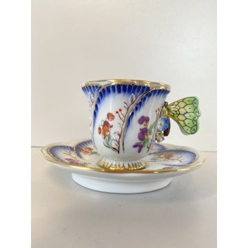 TAZZINA CAFFE PORCELLANA G. Mangani DECORO FIORI DIPINTO a MANO MANICO FARFALLA