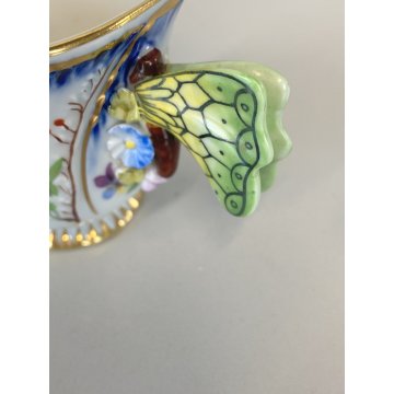 TAZZINA CAFFE PORCELLANA G. Mangani DECORO FIORI DIPINTO a MANO MANICO FARFALLA
