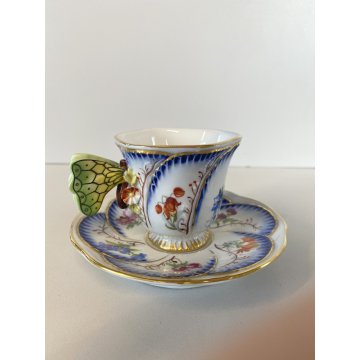 TAZZINA CAFFE PORCELLANA G. Mangani DECORO FIORI DIPINTO a MANO MANICO FARFALLA