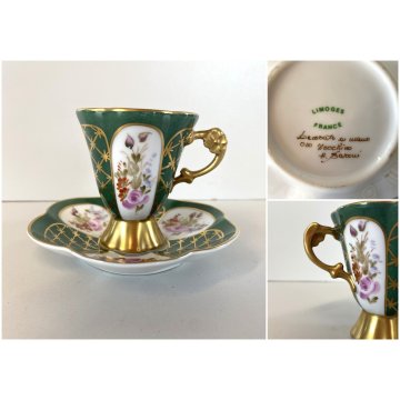 TAZZINA CAFFE PIATTINO PORCELLANA Limoges DECORO FLOREALE DIPINTO A MANO Baroni