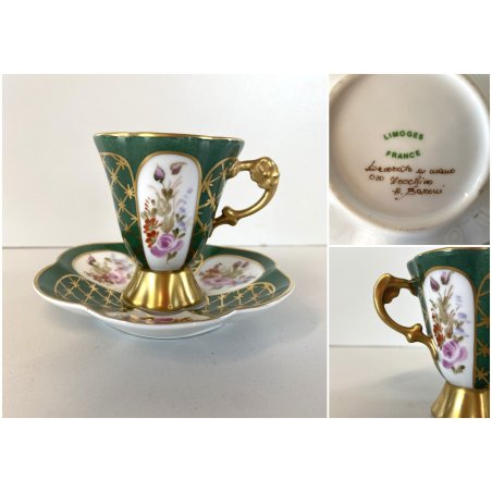 TAZZINA CAFFE PIATTINO PORCELLANA Limoges DECORO FLOREALE DIPINTO A MANO Baroni