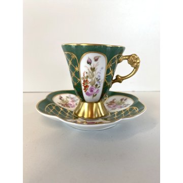 TAZZINA CAFFE PIATTINO PORCELLANA Limoges DECORO FLOREALE DIPINTO A MANO Baroni
