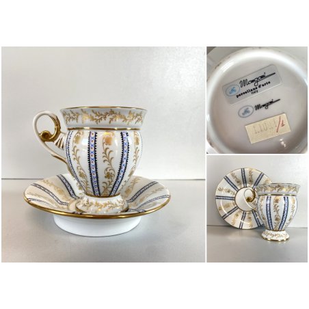 TAZZINA CAFFE PORCELLANA G. Mangani FIRENZE DECORO FIORI VOLUTE ORO DIPINTO '900