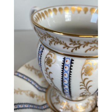 TAZZINA CAFFE PORCELLANA G. Mangani FIRENZE DECORO FIORI VOLUTE ORO DIPINTO '900