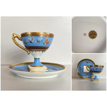 TAZZINA CAFFE PORCELLANA Sevres DECORO FLOREALE ROCCOCO' BASE PIEDISTALLO '50