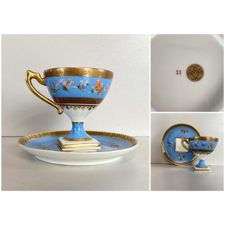TAZZINA CAFFE PORCELLANA Sevres DECORO FLOREALE ROCCOCO' BASE PIEDISTALLO '50