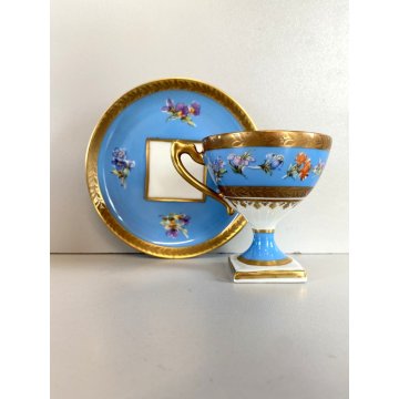 TAZZINA CAFFE PORCELLANA Sevres DECORO FLOREALE ROCCOCO' BASE PIEDISTALLO '50