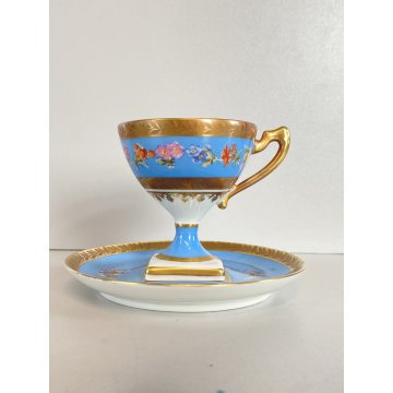 TAZZINA CAFFE PORCELLANA Sevres DECORO FLOREALE ROCCOCO' BASE PIEDISTALLO '50
