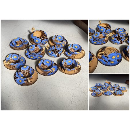 SERVIZIO CAFFE Art Decò 19 PEZZI MAIOLICA SPICA Albisola DECORO FLOREALE BLU '30