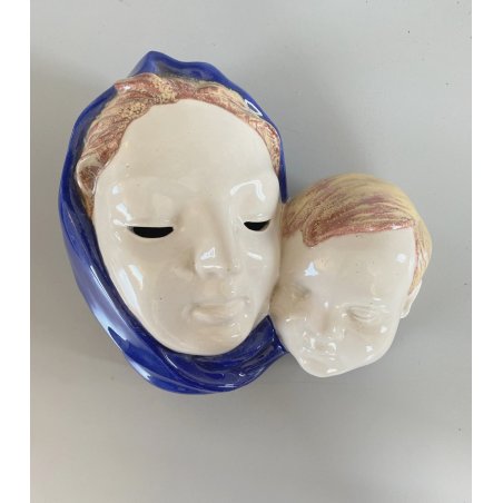 SCULTURA BASSORILIEVO MAIOLICA MATERNITA' MADONNA GESU' BAMBINO 25x28x14cm/h 900