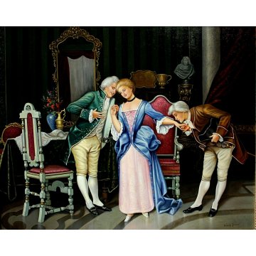 GRANDE QUADRO OLIO TELA V. Ferruzzo INTERNO CON SCENA GALANTE DAMA CAVALIERI 900