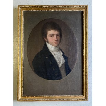 ANTICO DIPINTO OLIO TELA RITRATTO OVALE GIOVANE NOBILUOMO FIGURA MASCHILE '800
