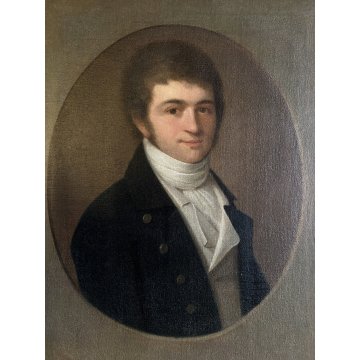 ANTICO DIPINTO OLIO TELA RITRATTO OVALE GIOVANE NOBILUOMO FIGURA MASCHILE '800
