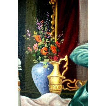 GRANDE QUADRO OLIO TELA V. Ferruzzo INTERNO CON SCENA GALANTE DAMA CAVALIERI 900
