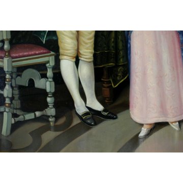 GRANDE QUADRO OLIO TELA V. Ferruzzo INTERNO CON SCENA GALANTE DAMA CAVALIERI 900