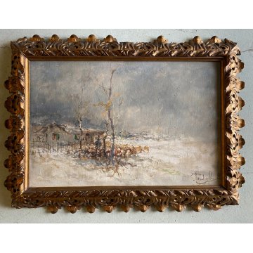 ANTICO DIPINTO OLIO TELA Lucio Todeschini PAESAGGIO RURALE INVERNALE NEVE FIGURA