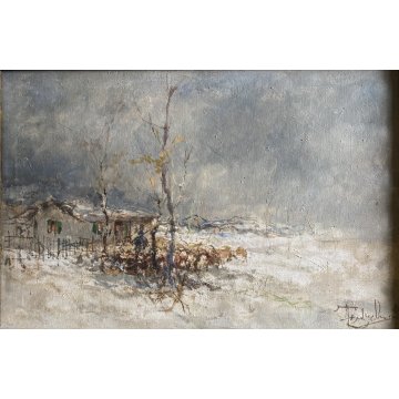 ANTICO DIPINTO OLIO TELA Lucio Todeschini PAESAGGIO RURALE INVERNALE NEVE FIGURA