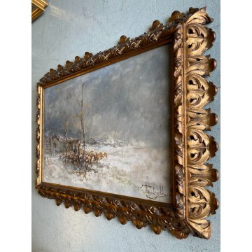 ANTICO DIPINTO OLIO TELA Lucio Todeschini PAESAGGIO RURALE INVERNALE NEVE FIGURA