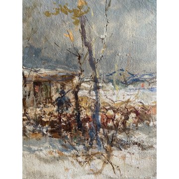ANTICO DIPINTO OLIO TELA Lucio Todeschini PAESAGGIO RURALE INVERNALE NEVE FIGURA