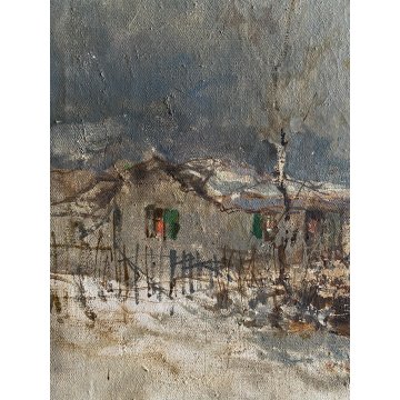 ANTICO DIPINTO OLIO TELA Lucio Todeschini PAESAGGIO RURALE INVERNALE NEVE FIGURA