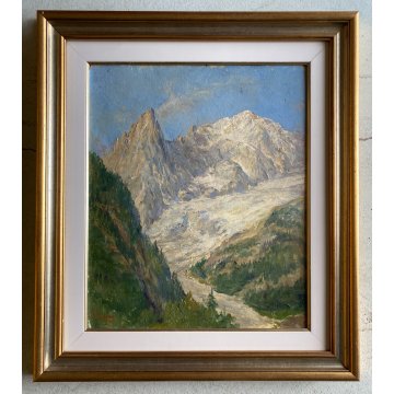 ANTICO QUADRO OLIO F. Chiapasco PAESAGGIO GHIACCIAIO MONTE BIANCO ENTREVES 1945