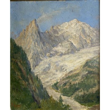 ANTICO QUADRO OLIO F. Chiapasco PAESAGGIO GHIACCIAIO MONTE BIANCO ENTREVES 1945