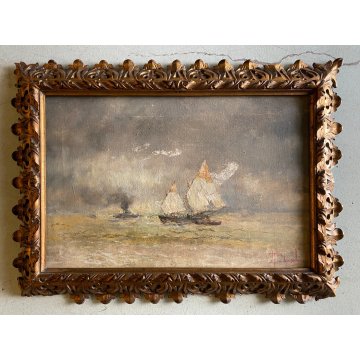 ANTICO DIPINTO OLIO TELA Lucio Todeschini MARINA BARCHE VELA TEMPESTA PRIMO '900