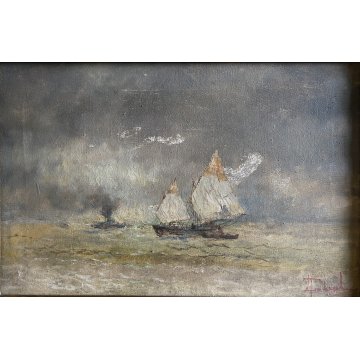 ANTICO DIPINTO OLIO TELA Lucio Todeschini MARINA BARCHE VELA TEMPESTA PRIMO '900