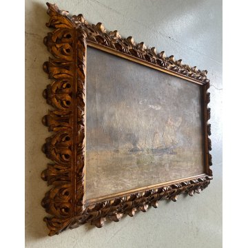 ANTICO DIPINTO OLIO TELA Lucio Todeschini MARINA BARCHE VELA TEMPESTA PRIMO '900