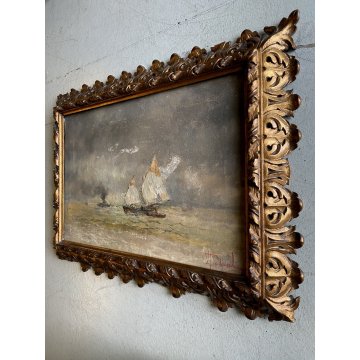 ANTICO DIPINTO OLIO TELA Lucio Todeschini MARINA BARCHE VELA TEMPESTA PRIMO '900
