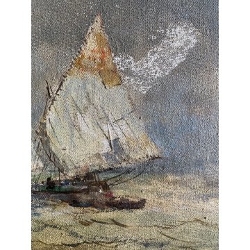 ANTICO DIPINTO OLIO TELA Lucio Todeschini MARINA BARCHE VELA TEMPESTA PRIMO '900