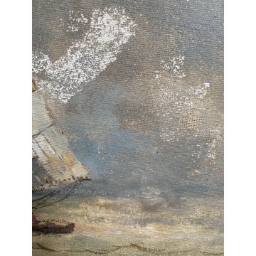 ANTICO DIPINTO OLIO TELA Lucio Todeschini MARINA BARCHE VELA TEMPESTA PRIMO '900