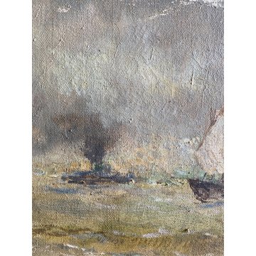 ANTICO DIPINTO OLIO TELA Lucio Todeschini MARINA BARCHE VELA TEMPESTA PRIMO '900