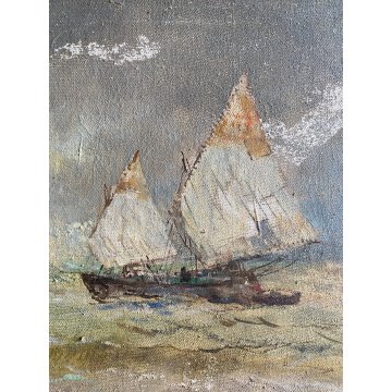 ANTICO DIPINTO OLIO TELA Lucio Todeschini MARINA BARCHE VELA TEMPESTA PRIMO '900
