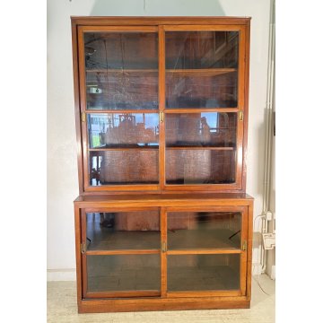 ANTICA VETRINA CREDENZA INGLESE 1800 LEGNO NOCE 4 ANTE SCORREVOLI CRISTALLERIA