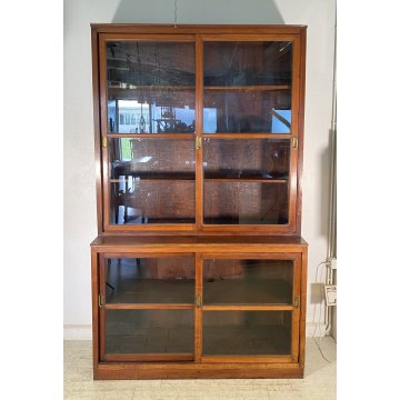 ANTICA VETRINA CREDENZA INGLESE 1800 LEGNO NOCE 4 ANTE SCORREVOLI CRISTALLERIA