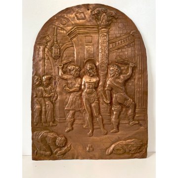 PANNELLO PAL A Flagellazione di Gesù LAMINA RAME DECORO SBALZATO ARTE SACRA '600