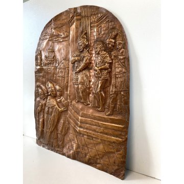 PANNELLO PALA SCENA RELIGIOSA Gesù LAMINA RAME DECORO SBALZATO ARTE SACRA '600